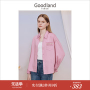 Goodland美地女装2023秋季盐缩竖条肌理ol风衬衫POLO领上衣