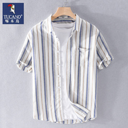 啄木鸟男士亚麻短袖衬衫，日系休闲条纹上衣服青年，潮流夏装棉麻衬衣
