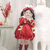 兔兔年服女童甜美蓬蓬裙，小女孩灯笼公主裙，儿童红色丝绒花苞裙
