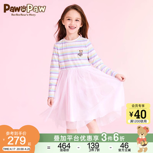 PawinPaw卡通小熊童装夏季女童条纹网纱连衣裙公主裙