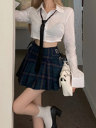 学院风jk制服套装女春秋季辣妹白色长袖衬衫格子百褶半身裙两件套