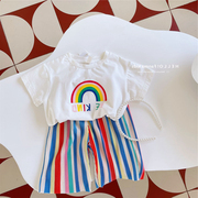 女童夏季套装2023韩版女宝宝彩虹短袖T恤彩虹褶皱中裤两件套