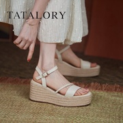 tatalory女鞋草编坡跟厚底凉鞋，女夏季2024露趾一字带高跟鞋