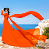 民族风旅拍飘逸长裙子拖尾海边度假沙滩裙橘红色大摆雪纺连衣裙女