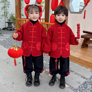 男童拜年服唐装加绒加厚女童汉服冬红色喜庆服套装元旦儿童演出服