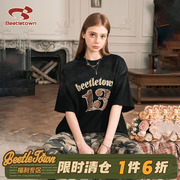 BEETLE TOWN渐变水洗印花圆领短袖T恤女美式复古高街休闲半袖上衣