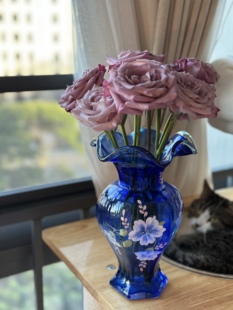 芬顿手绘蓝花瓶优雅外贸出口手工花器鲜花玫瑰水培装饰品26*6