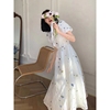 公主宫廷风方领肌理法式连衣裙女2023年夏季白色长裙气质裙子