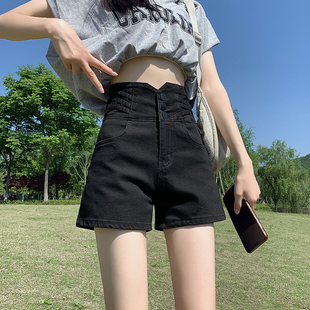 黑色牛仔超短裤女夏季薄款2023年高腰显瘦阔腿设计感a字热裤