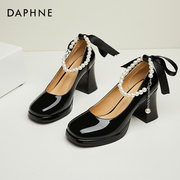 Daphne达芙妮 小个子穿搭~粗跟玛丽珍高跟鞋女一字扣漆皮浅口单鞋