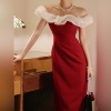 橘里法式复古红色连衣裙女夏装赫本一字肩拼接显瘦气质小礼服长裙