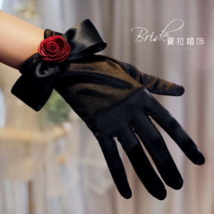 夏拉原创黑色缎面复古红玫瑰，花朵造型手套晚宴会，名媛新娘礼服配饰