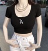 韩版时尚高腰短袖女T恤2024春夏修身性感字母圆领打底t潮女