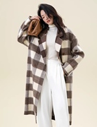 品牌高端手工纯羊绒双面，羊毛呢子大衣复古格子，中长外套女气质休闲