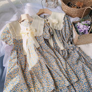 亲子装连衣裙2024夏季韩版母女装，儿童洋气碎花，纯棉翻领公主裙