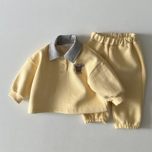 韩版秋冬婴幼童装时尚休闲小熊加厚套装，宝宝翻领卫衣束脚裤两件套