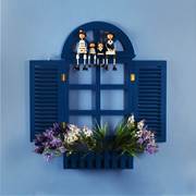地中海蓝色大假窗墙面，装饰挂饰花架插花器置物架，饭厅儿童房装饰品