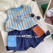 韩国童装男童夏装套装宝宝，条纹纯棉背心儿童，痞帅蓝色短裤两件套潮