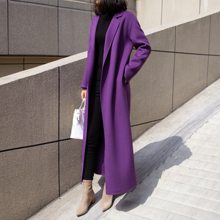 赫本风长款双面羊绒紫色呢子大衣女2023秋冬高端宽松显瘦毛呢外套