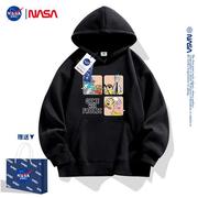NASA联名美式复古黑色连帽卫衣女秋冬加绒2023小个子外套加厚