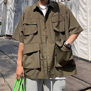 日系军绿色工装短袖衬衫男士夏季薄款宽松百搭半袖设计感衬衣外套