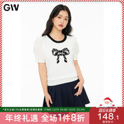 GW大码女装泡泡袖蝴蝶结白色针织短袖2023夏季微胖mm上衣T恤