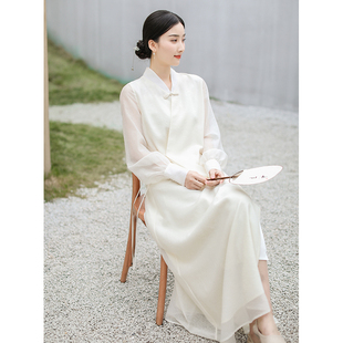 山有色春夏国风仙女新中式女装原创改良汉服交领茶服白色连衣裙