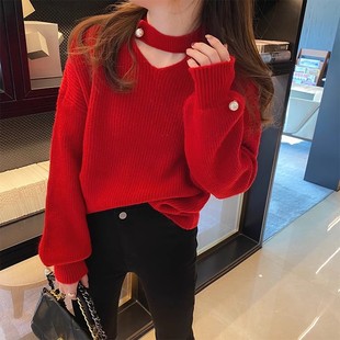 高级感毛衣设计感小众女，2024外穿红色，针织衫别致洋气上衣
