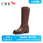 红蜻蜓英伦骑士靴2023秋季女鞋机能风辣妹牛仔，西部靴显瘦长靴