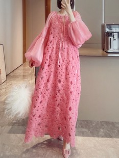 法式漂亮高端精致小众独特别致绝美重工粉色连衣裙子女秋冬