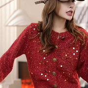 新年红色单排扣开衫毛衣女(毛衣女，)小个子秋冬亮片，针织衫高级感短外套上衣