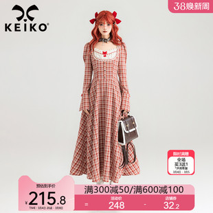 keiko法式复古红色格子鱼骨连衣裙，春夏气质方领收腰显瘦大摆长裙