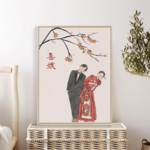 手绘中式新婚结婚礼物数字油画，diy填充色创意手工卡通情侣装饰画