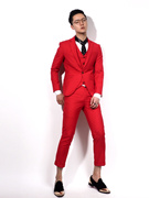 川泽大红色修身西服，三件套韩版男士，结婚礼服新郎主持人西装套装