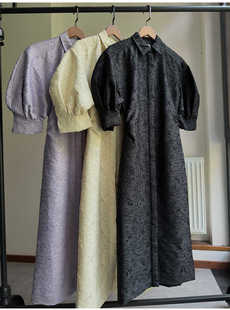 北欧小众设计师客供进口织锦提花，剪绒泡泡袖midi连衣裙