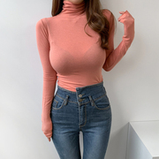 韩国东大门舒适女装2022春纯色，高领修身显瘦拼接经典打底t恤