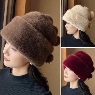 冬季户外防寒帽子骑车高端女士，仿皮草保暖护耳包头中老年礼帽头套