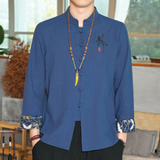 中国风棉麻刺绣衬衫男宽松大码夏季复古薄款亚麻上衣中式长袖潮流