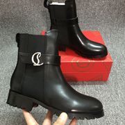 CL红底鞋短靴圆头铆钉高档黑色牛皮平跟低跟矮跟外贸时尚简约厚底