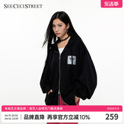 SeeCeciStreet秋连帽卫衣潮流黑色拉链开衫刺绣街头宽松帽衫