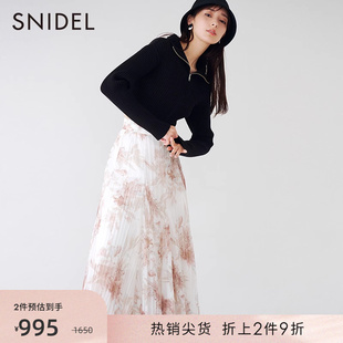 snidel秋冬优雅淑女，高腰印花雪纺百褶半身裙swfs234217