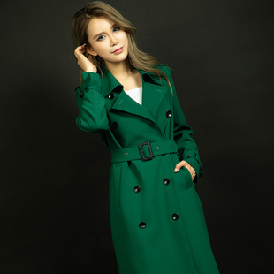 风衣女中长款韩版宽松版系带，春秋高端大牌，翠绿色双排扣外套