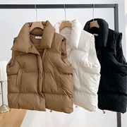 卡其色羽绒棉马甲女冬季2023宽松百搭韩版短款，立领小个子外套