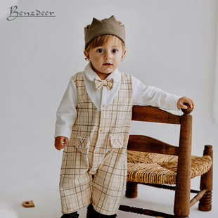 韩国benzdeer23秋礼服男宝婴儿，领结连体衣有机棉，生日百岁周岁爬服