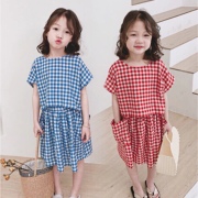 女童韩版套装格子，短款上衣加儿童宽松半身裙，2024夏装外贸童装