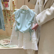 女童蓝色抽绳背心上衣夏季韩系女宝宝棉布蛋糕裙半身裙套装