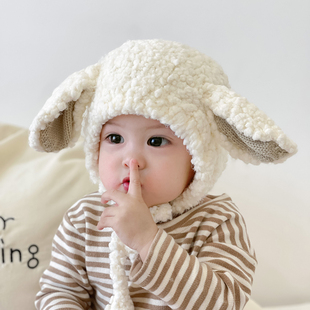 宝宝帽子冬款羊耳朵护耳婴儿毛绒帽(毛绒帽)男孩，女童秋冬季加厚儿童毛线帽