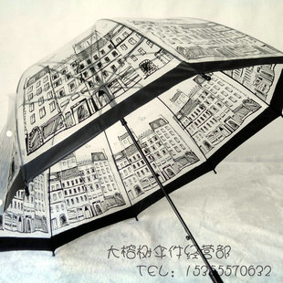 拱形公主可爱长柄伞创意，蘑菇建筑图案透明晴雨伞加大加固韩国