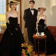 影楼主题服装法式复古赫本风情侣，拍照摄影婚纱，齐地花朵黑色长礼服