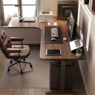 wzo简约家用实木黑胡桃转角，升降书桌l型，电动电脑桌拐角办公桌